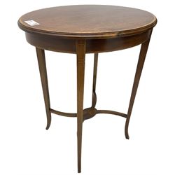 Edwardian inlaid mahogany centre table, oval moulded top with satinwood banding, on square tapering supports united by curved X-framed stretchers 