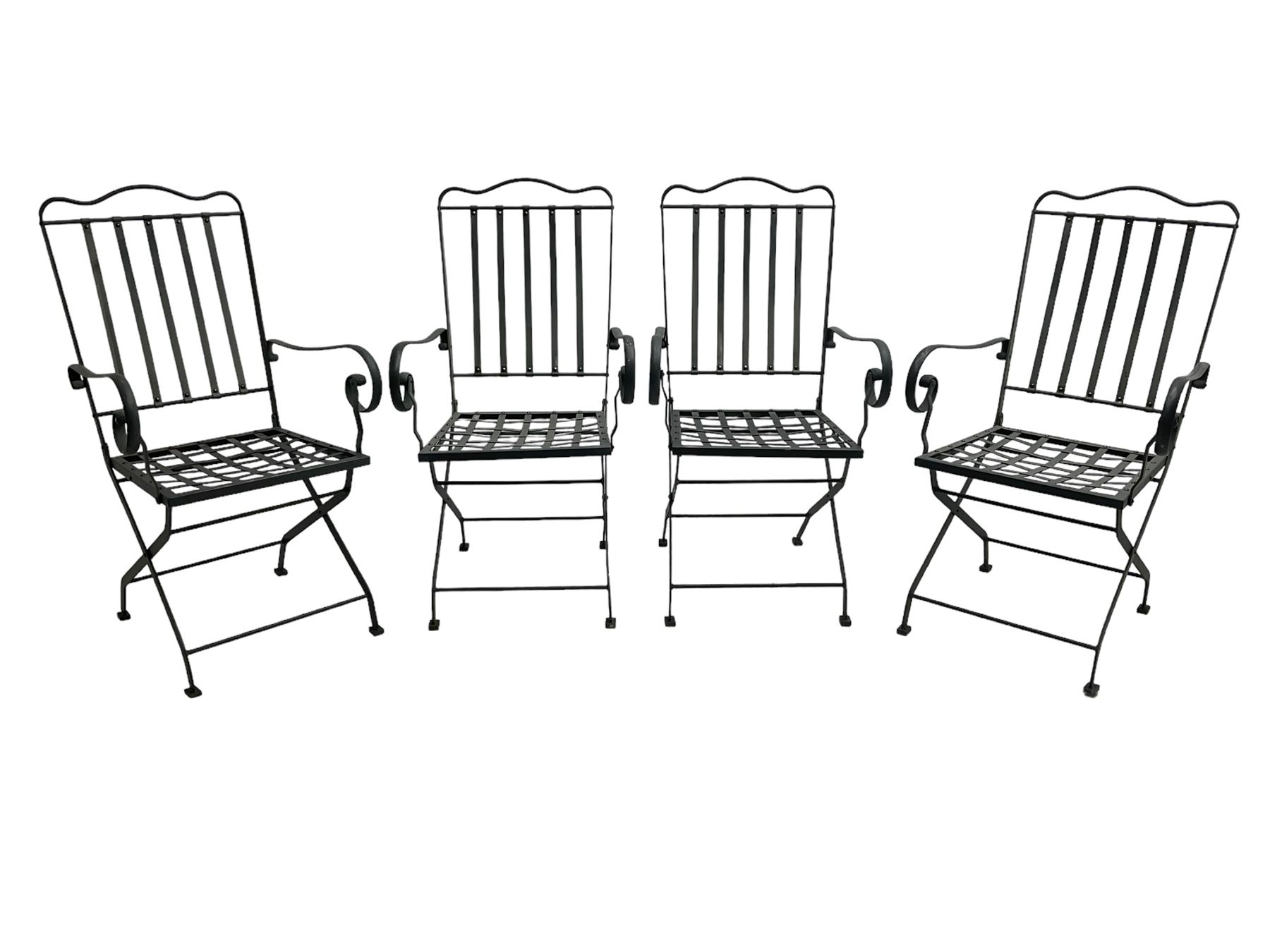 Set of six (4+2) grey finish wrought metal garden chairs, with shaped cresting rail over vertical slat back, latticework seat  - THIS LOT IS TO BE COLLECTED BY APPOINTMENT FROM DUGGLEBY STORAGE, GREAT HILL, EASTFIELD, SCARBOROUGH, YO11 3TX