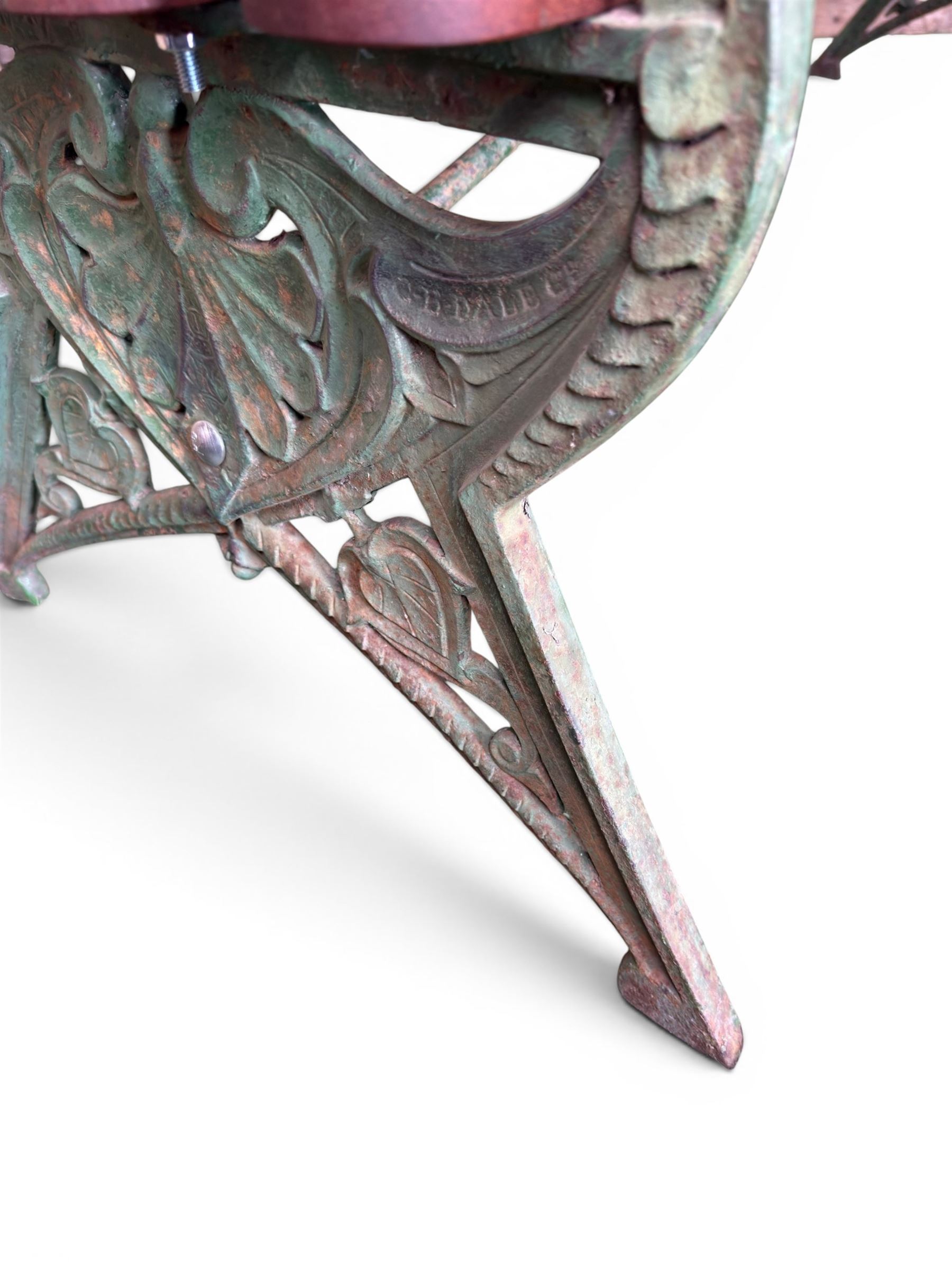 Coalbrookdale - Lily Pad design cast iron an wood slatted garden bench, late 19th century Aesthetic Movement, no. 217569, distressed green paint, iron centre support and seat stretcher, hardwood slatted