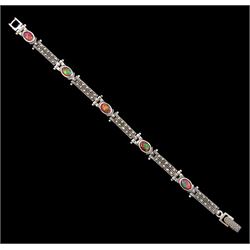  Silver opal and marcasite link bracelet, stamped 925