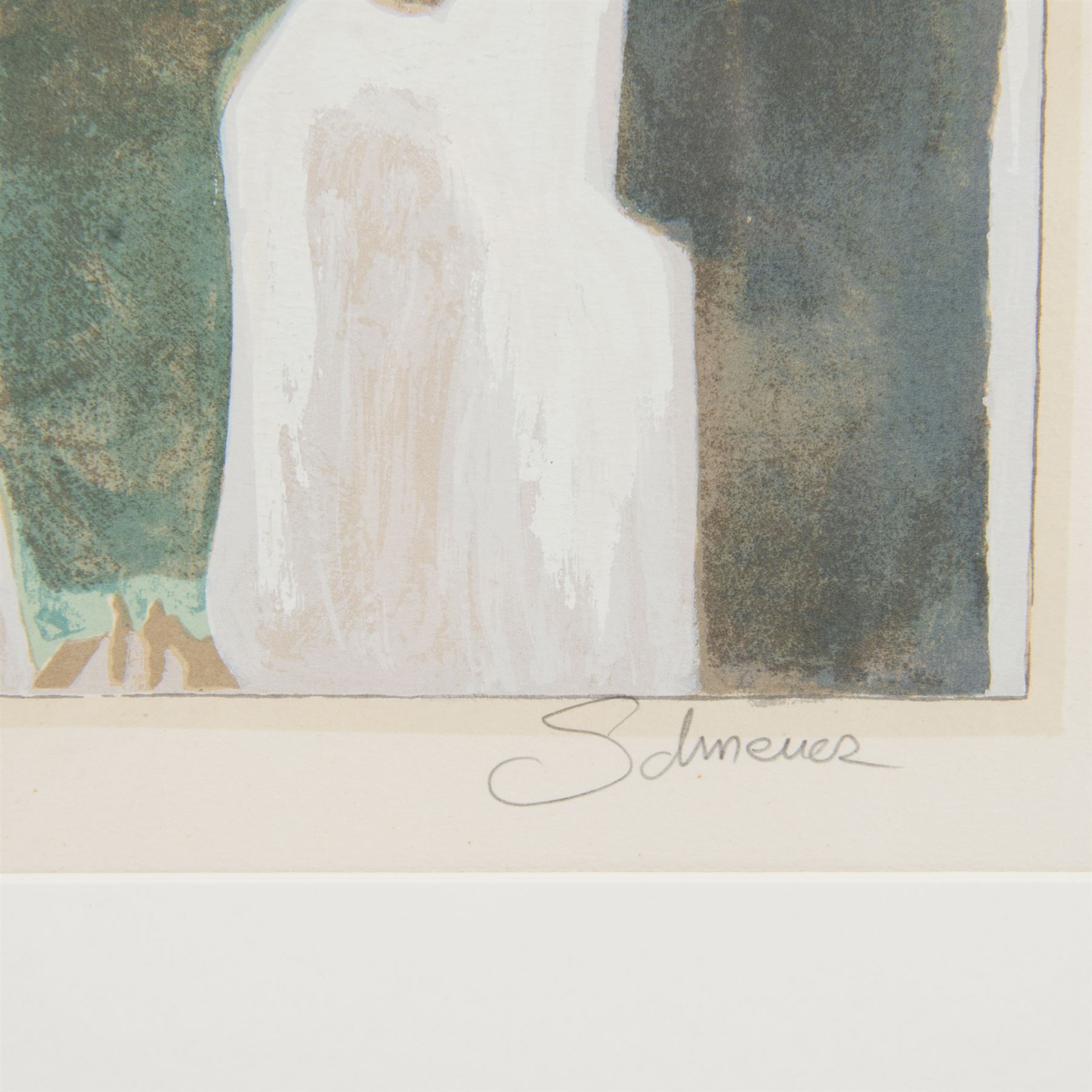 David Schneuer (Austro Hungarian 1905-1988): Lady in the Green Dress, limited edition serigraph signed and numbered 27/250 in pencil 33cm x 28cm
Notes: Schneuer who emigrated to Israel, was well known for his paintings and serigraph prints of cafe scenes and depictions of the German and Parisian social scene in the 1920's. His expressionistic style is evident as he creates scenes filled with a party-like atmosphere, constantly exploring sex and eroticism