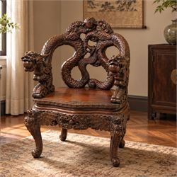 Chinese carved hardwood dragon throne chair, the shaped and pierced back with entwined dra...