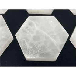 Set of six selenite hexagonal coasters, D7cm