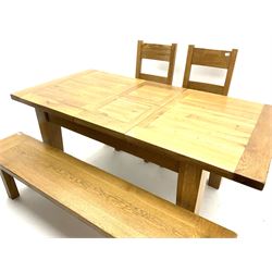 Light oak rectangular extending dining table, square supports (L140cm, W90cm, H80cm), together with matching bench, (L180cm), and two chairs, upholstered with tan leather seats, square supports (W48cm)