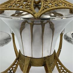 Modernist silver plated candelabra centrepiece by Stuart Devlin, with six pierced gilt branches supporting a central tapering cylindrical rose bowl and six fluted candle holders, with detachable star shaped gilt cover, stamped SD, TG to underside of central bowl, overall H17cm