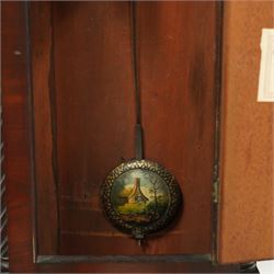 Robert Miller of Perth-Mid 19th century 8-day Scottish mahogany longcase clock c1850 with a swan necked pediment and break-arch hood door beneath, flanked by ring turned pilasters with brass capitals, trunk with full-length recessed barley twist columns, moulded panels and a shaped door with a recessed panel, on a conforming plinth with a decorative base, fully painted dial with depictions of fruit to the spandrels and an image of a gardener to the arch, with Roman numerals, subsidiary seconds and date dials, makers name and original stamped brass hands, dial pinned to a two train weight driven movement with rack striking and a recoil anchor escapement, striking the hours on a bell. With pendulum and weights.   The pendulum bob is fully painted with a depiction of a country cottage, this is an interesting feature only found on Scottish longcase clocks from the 19th century. 
Robert Miller is recorded as working from New Row, Perth in 1841.