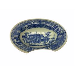 19th century Staffordshire pottery jug, entitled Willie Brewd a Peck o maut, depicting figures in relief, H24cm, a blue and white Victoria Ware Ironstone shaving bowl, L27.5cm, and a 19th century French Sarranguimes tankard with black transfer printed band depicting figures and horses, H17cm
