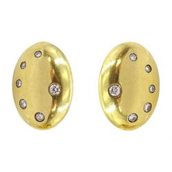 Pair of 18ct gold rubover set round brilliant cut diamond, oval shaped earrings, Sheffield 1996