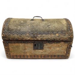 18th century and later deer hide dome-top box with studded leather decoration and single handle L41cm