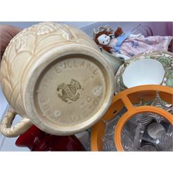 Royal Crown Derby teacup trio, studio pottery vase, pink iridescent glass vase with moulded floral decoration, Art Deco style light shade, Arthur Wood jug, other glassware etc