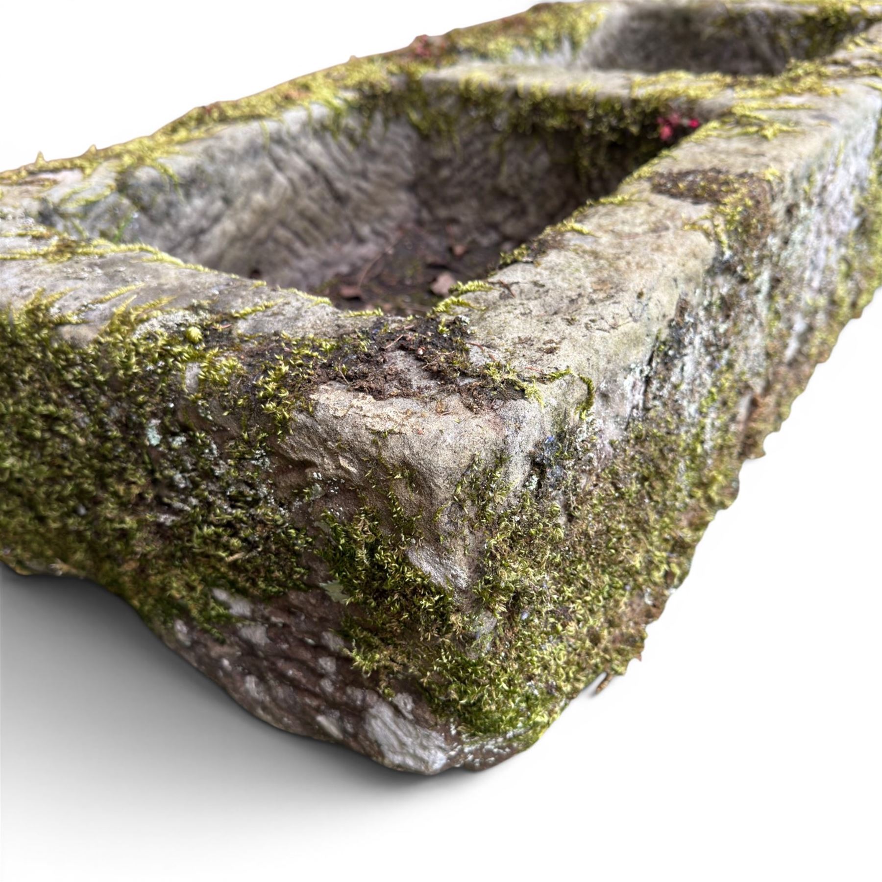 19th century weathered hewn stone double trough rectangular form with two divisions