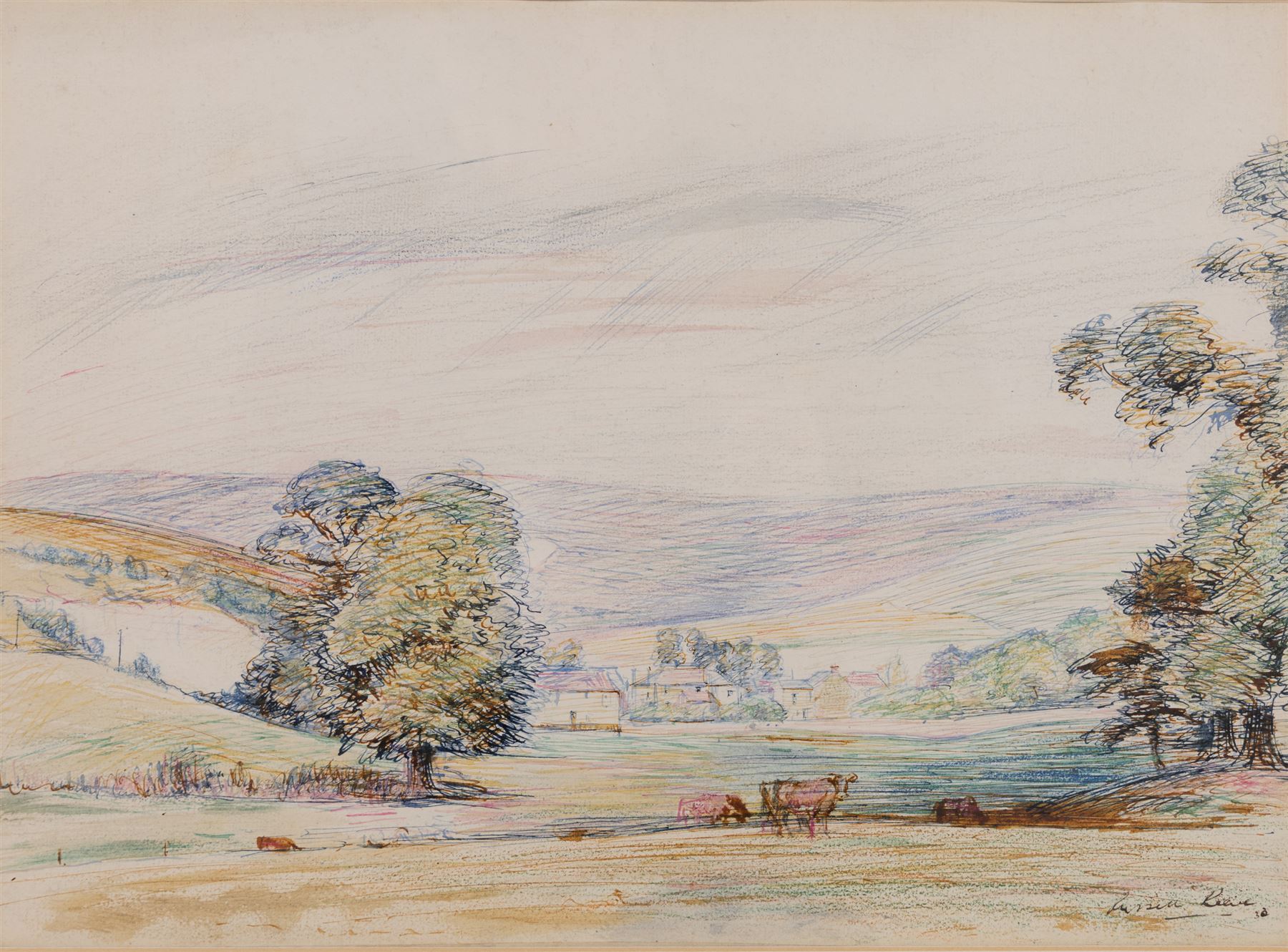 Russell Sidney Reeve (British 1895-1970): Cows in a Field, watercolour, ink and crayon signed and dated '32, 26cm x 36cm 