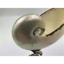 Modern limited edition silver mounted nautilus shell cup, no. 42/150, the pearlescent shell cup with silver-gilt strapwork to rim, upon a stem modelled as a putto supporting a gilt cornucopia and circular domed foot depicting Poseidon amongst swirling waves, hallmarked by St James House Company, London 1980,  H17.5cm
