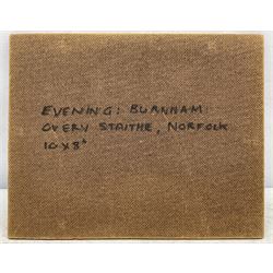 William Burns (British 1923-2010): 'Evening: Burnham Overy Staithe - Norfolk', oil on board unsigned, titled verso 21cm x 26cm (unframed) Provenance: Direct from the family of the artist. Notes: Born in Sheffield in 1923, William Burns RIBA FSAI FRSA studied at the Sheffield College of Art before the outbreak of the Second World War, during which he helped illustrate the official War Diaries for the North Africa Campaign, and was elected a member of the Armed Forces Art Society. On his return, he studied architecture at Sheffield University and later ran his own successful practice, being a member of the Royal Institute of British Architects. However, painting had always been his self-confessed 'first love', and in the 1970s he gave up architecture to become a full-time artist, having his first one-man exhibition in 1979.
