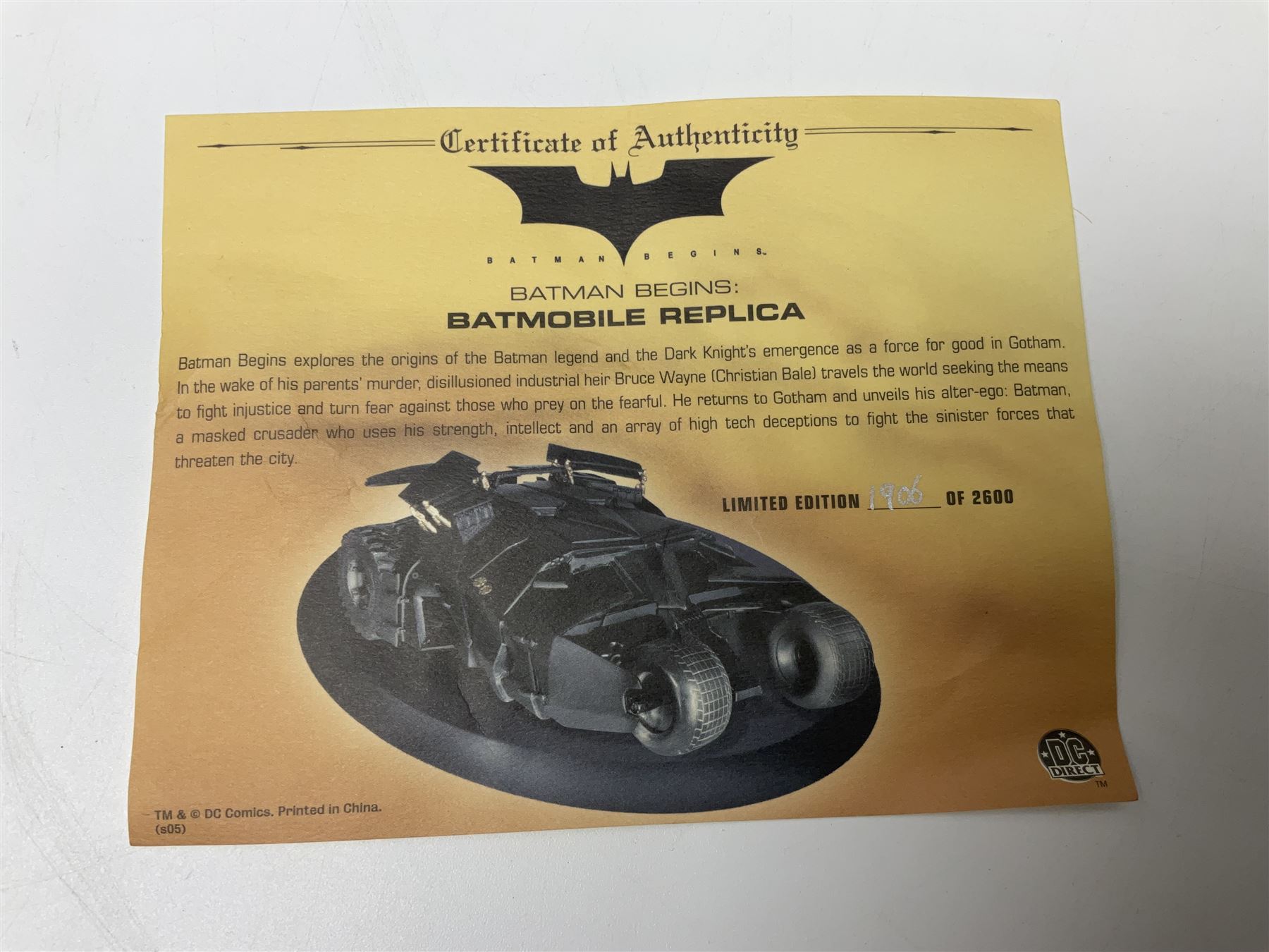 DC Direct Gallery ‘Batman Begins’ Batmobile Replica no. 1906/2600, with original box and certificate of authenticity 