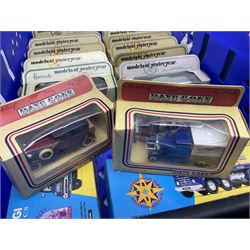 Twenty five die-cast scale model cars, mostly boxed, to include Corgi Classics 12301, 30308 and C953/4, Matchbox Models of Yesteryear, Solido etc, in two boxes