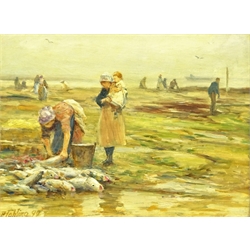  Robert Jobling (Staithes Group 1841-1923): Fisher Girls with the Day's Catch, oil on canvas signed and dated '99, 29cm x 39cm  