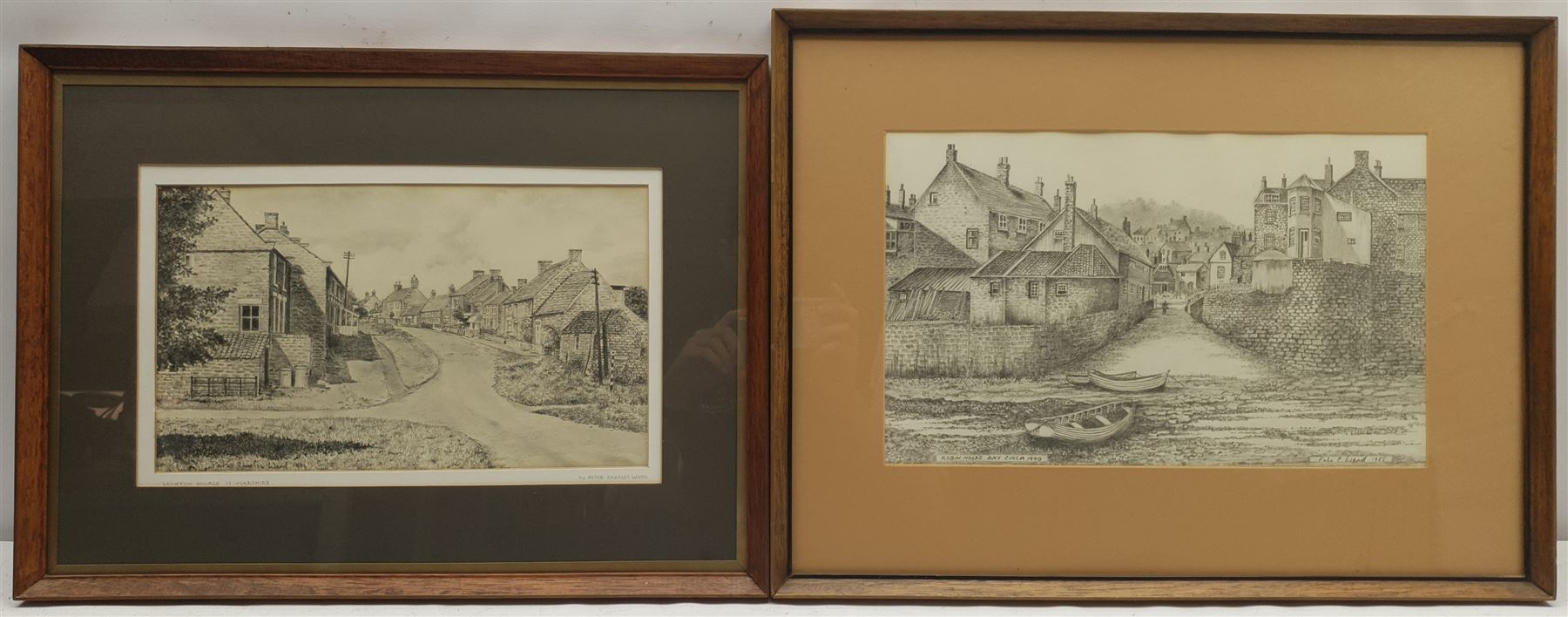 Peter Charles Ward (British 20th century): 'Lockton Village' near Pickering and 'Robin Hood's Bay circa 1900', two pencil drawings signed and titled, one with artist's Cayton address label verso 20cm x 33cm and 23cm x 38cm (2)
