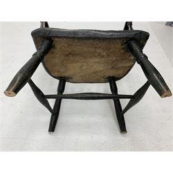 18th century elm and ash primitive vernacular Windsor armchair, double hoop and spindle back, turned front arm supports, turned supports joined by swell-turned H stretcher, extensive green paint finish, the raised hoop back is rounded, W57cm, H101cm, seat height - 34cm