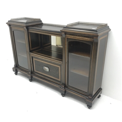 Late Victorian ebonised and amboyna veneered credenza/side cabinet, brass gallery, central mirror above single cupboard with figural painted panel, flanked by two glazed cupboards, turned supports, W176cm, H113cm, D40cm