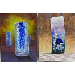 MS UI Gothic Blue Vase, two Surrealist oils on canvas signed by Don Micklethwaite (British 1936-) 41cm x 30cm unframed (2)  Notes: one is a study of Art glass sculpture by Patrick Stern lot 2071 in 20th century design sale  