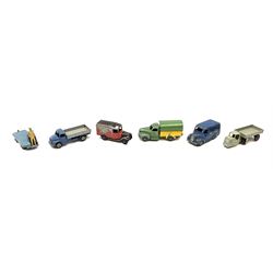 Dinky - six unboxed and playworn early die-cast commercial vehicles including French made Studebaker M16 covered wagon, Trojan Oxo van, B.E.V. Truck, Dodge Tipper, Royal Mail Van etc (6)