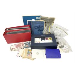 Coins, banknotes and stamps, including pre decimal coinage, USA 1934 half dollar, first day covers etc, in one box
