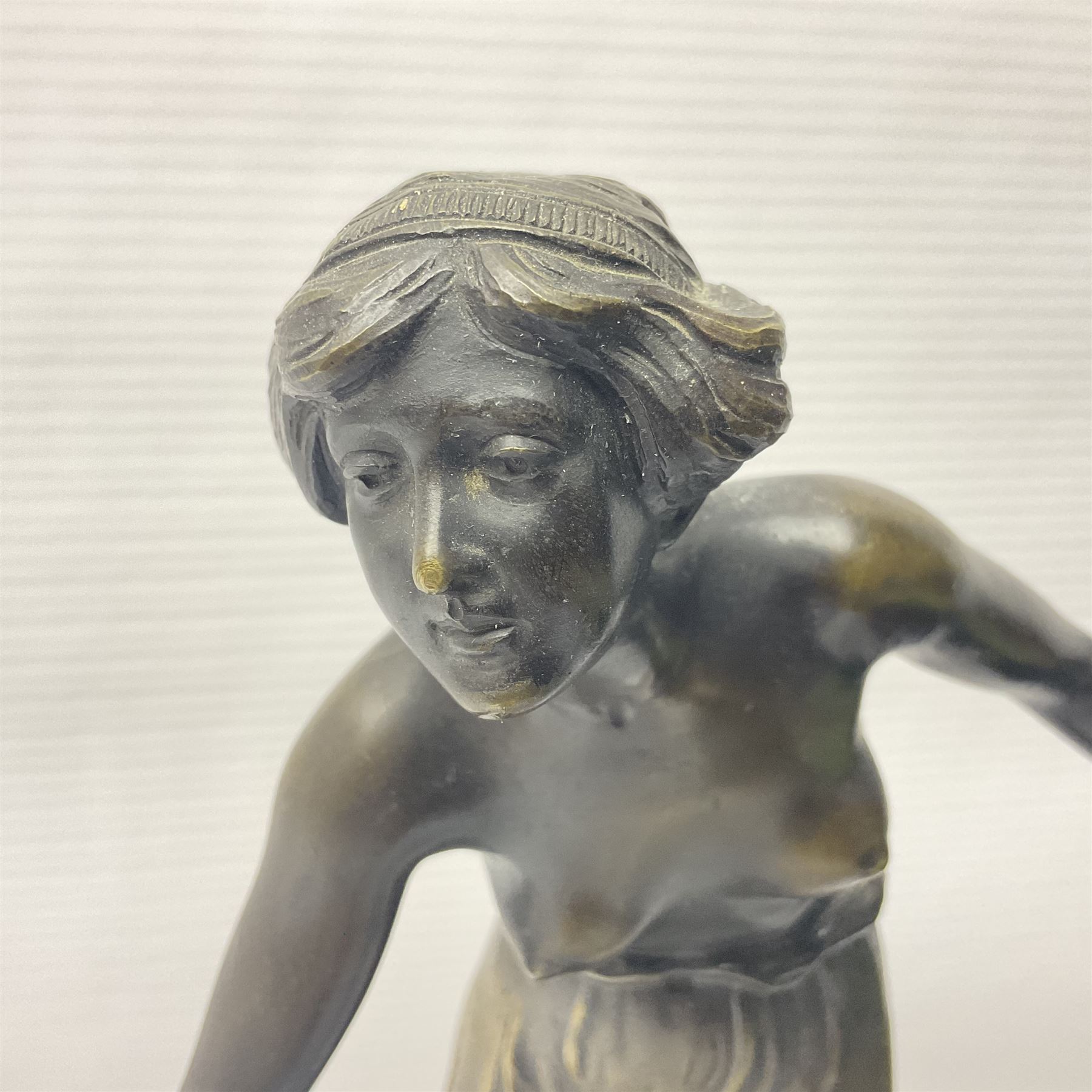 After C. Rochlitz, bronze, modelled as a semi nude female figure, upon a marble plinth, overall H31cm