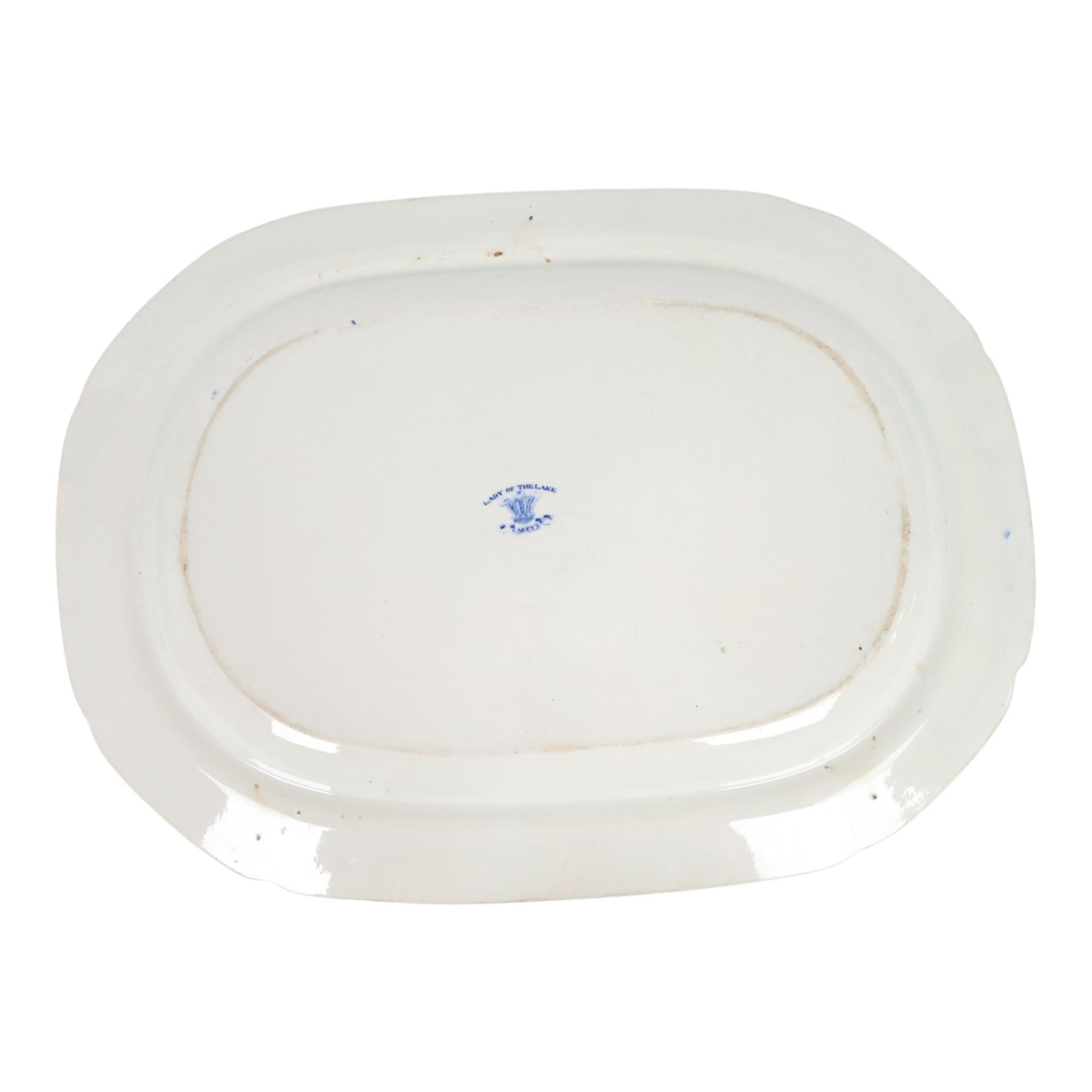 Mid 19th century Thomas and John Carey blue transfer printed earthenware meat plates, decorated in the Lady of the Lake pattern, circa 1830-1842, with printed mark beneath, W49.5cm