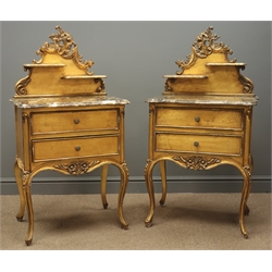  Pair French Louis XIV style gilt lamp/bedside tables, cartouche cresting with two staggered shelves, shaped marble tops, two drawers with handles, carved apron and four cabriole legs W59cm, H112cm D41cm  