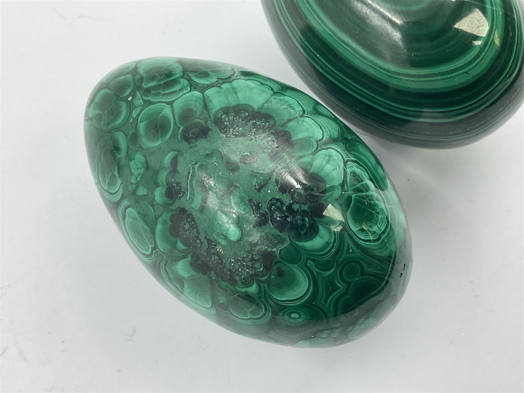 Three malicate specimen eggs, originally part of the collection of the late Stanley J Seeger, largest H7cm