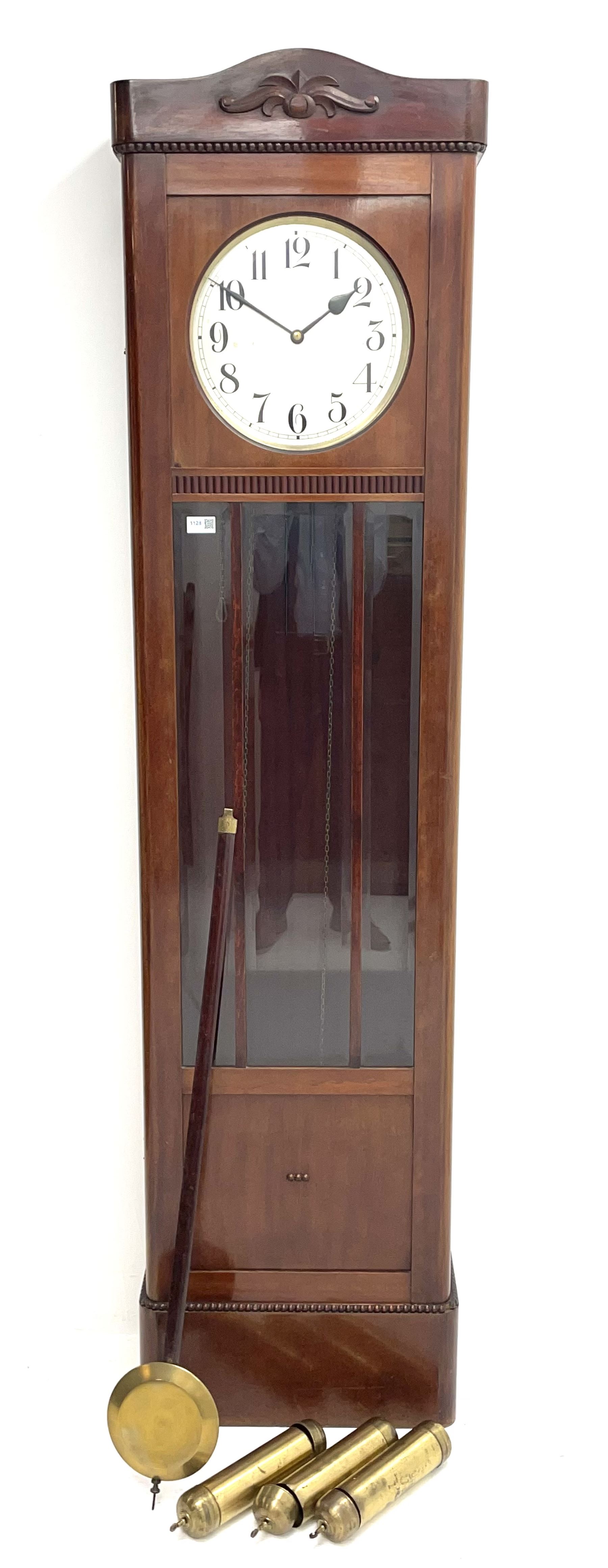 Early 20th century mahogany longcase clock, circular silvered Arabic dial, triple brass weight driven movement striking on rods