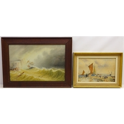  Ship in Distress off the Coast, watercolour signed by Joseph Eaman (British 1853-1907) 33cm x 51cm in oak frame and Sorting the Catch - Whitby, watercolour signed with initials JS and dated 1881, 22cm x 44cm (2)   