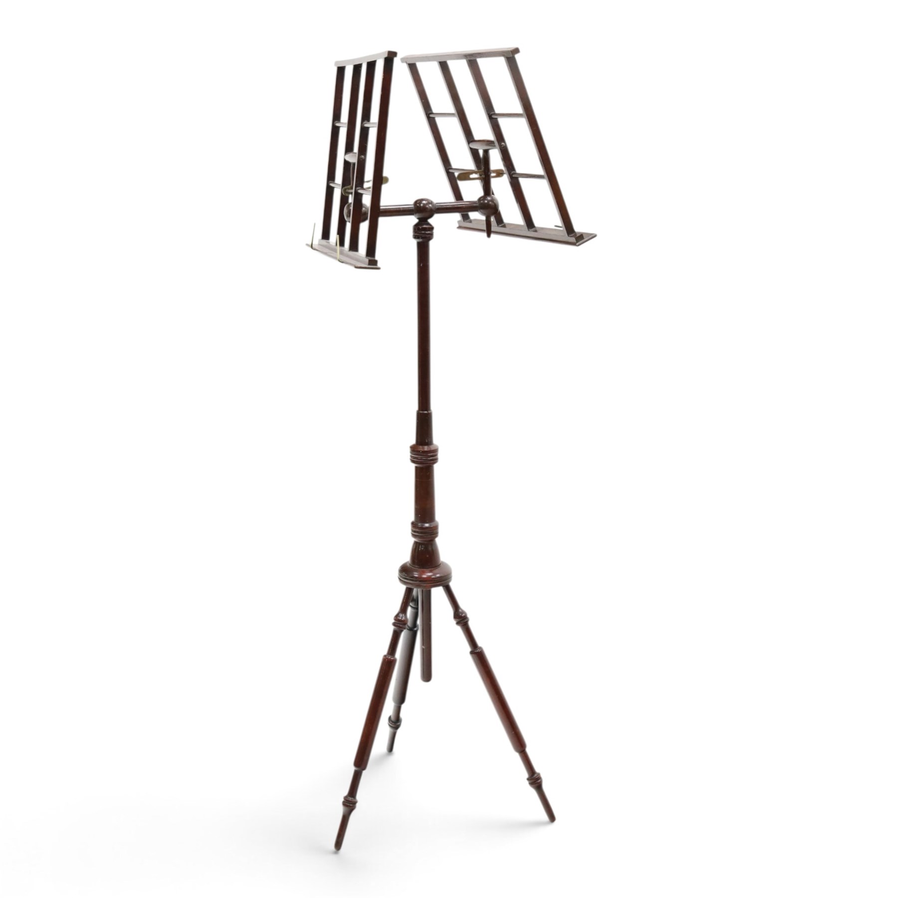 19th century Wheeldon patent telescopic music duet stand, the double adjustable rests over an extendable stem terminating to a turned tripod base
