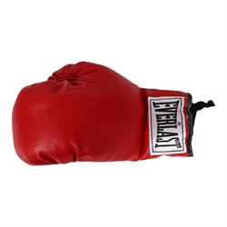 Muhammad Ali and George Foreman signed boxing gloves, two Everlast gloves the left hand glove signed by Ali and right signed by Foreman, both in black marker pen, in Perspex display case with plaque to base displayed with a further unsigned glove, each with Mounted Memories holographic stickers, case H36cm