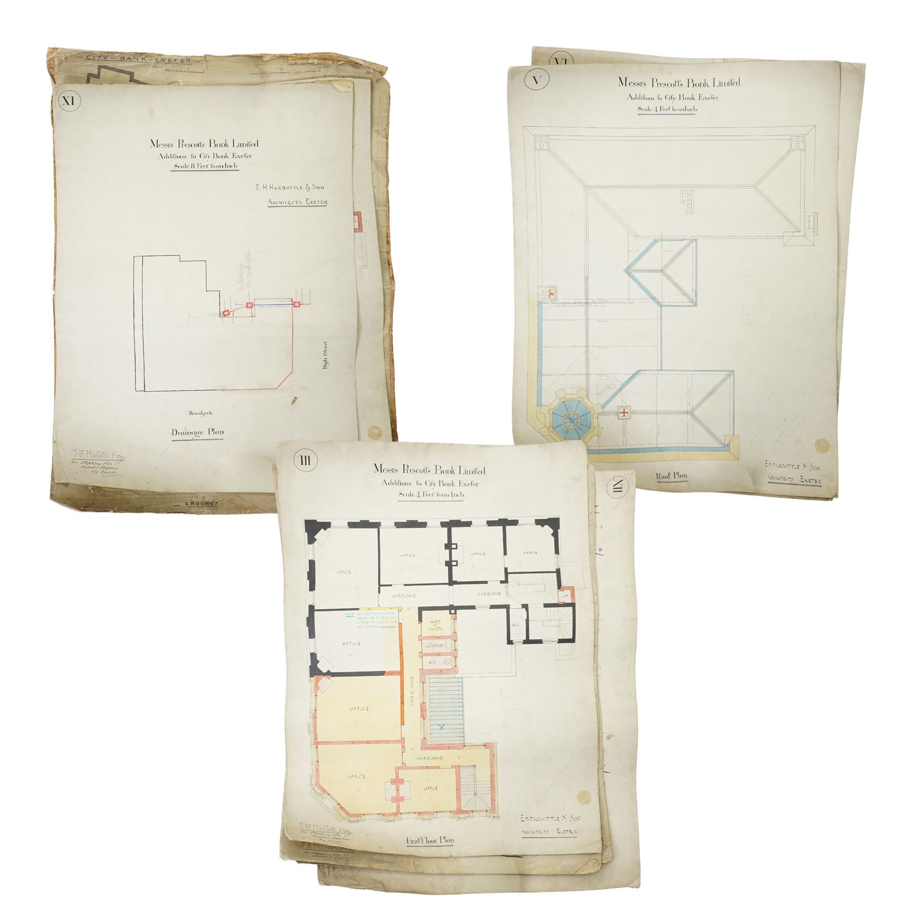  E H Harbottle & Sons Architects, Exeter - Set of architects drawings for additions to Prescott's Bank Ltd, Exeter mostly scale of 4ft to 1 inch