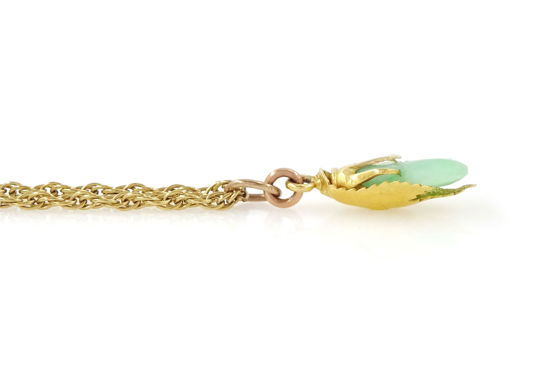 Early 20th century Chinese Export 20ct gold jade gourd form pendant, stamped KL, possibly Kam Lung, on a later 9ct gold rope chain necklace