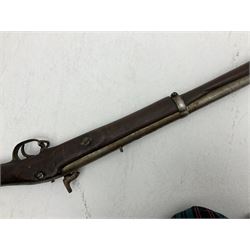 20th century Indian percussion military musket, approximately 20-bore, the 96.5cm barrel with three bands, the steel lock-plate marked 1862 Enfield, walnut full stock with brass fittings and under barrel ramrod channel L140.5cm overall