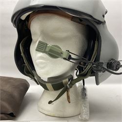 Silver grey SPH-4B Flight Helmet as used by helicopter pilots in the USAF and US Army in the 1990s; made of epoxy resin reinforced fibreglass; fitted with clear and tinted visors and complete with an M-87A/AIC boom mike; original condition and bench tested.
