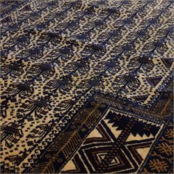 Afghan Ersari hand-knotted rug, apricot field decorated with three large octagonal gul medallions filled with geometric floral motifs, flanked by small tribal devices, end fringe fraying 97x167cm, together with a Baluch prayer rug, decorated with stylized tree motifs arranged in vertical rows beneath a stepped mihrab arch with multiple narrow borders of angular tribal motifs in shades of indigo, brown, and ochre fraying to flatweave ends, 134x84cm, (2)