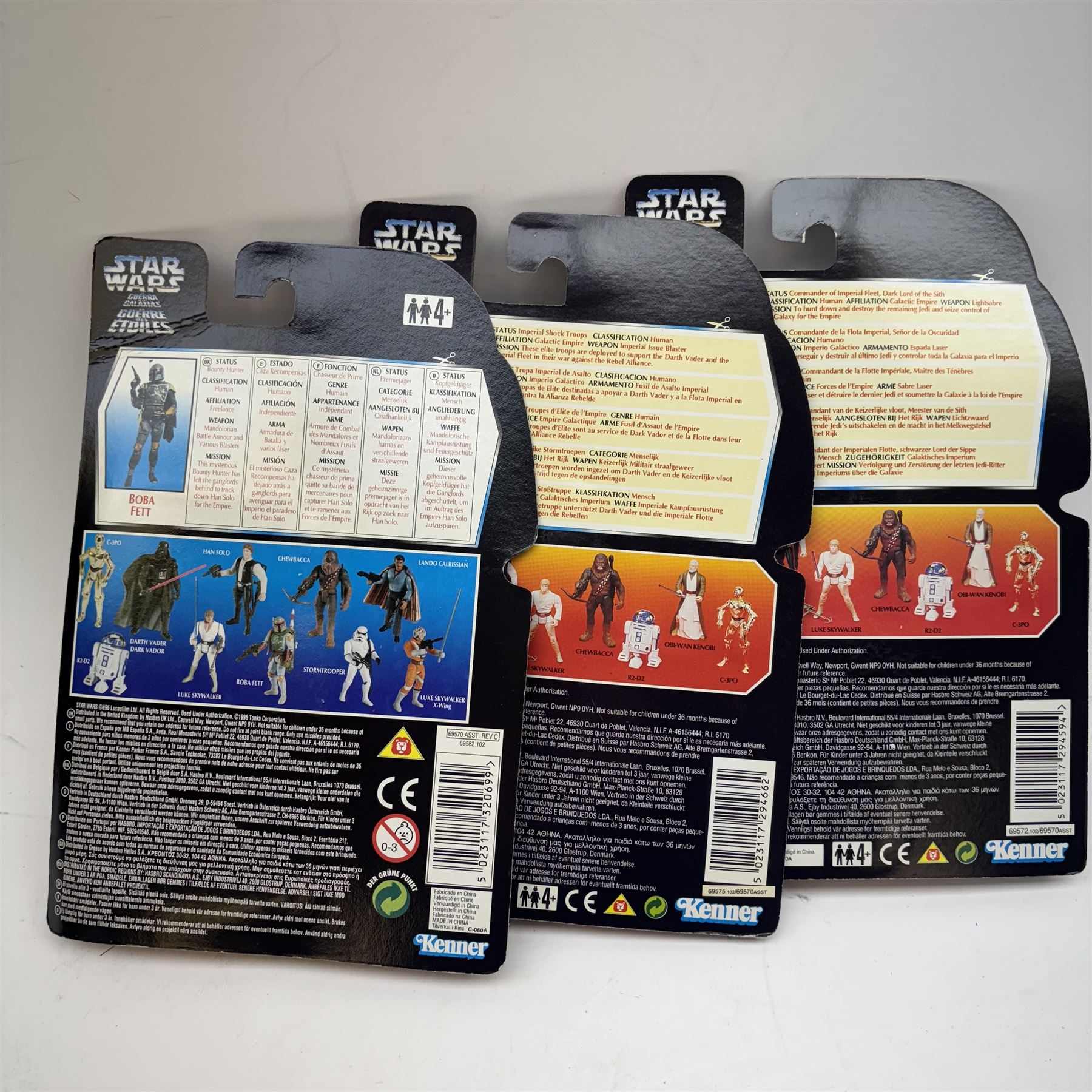 Three Kenner Star Wars action figures circa 1995/96, comprising Boba Fett with Sawn Off Blaster Rifle and Jet Pack no. 69582, Darth Vader no. 69572 with short lightsabre and Stormtrooper no. 69575 with advertising leaflet inside blister packaging, all carded