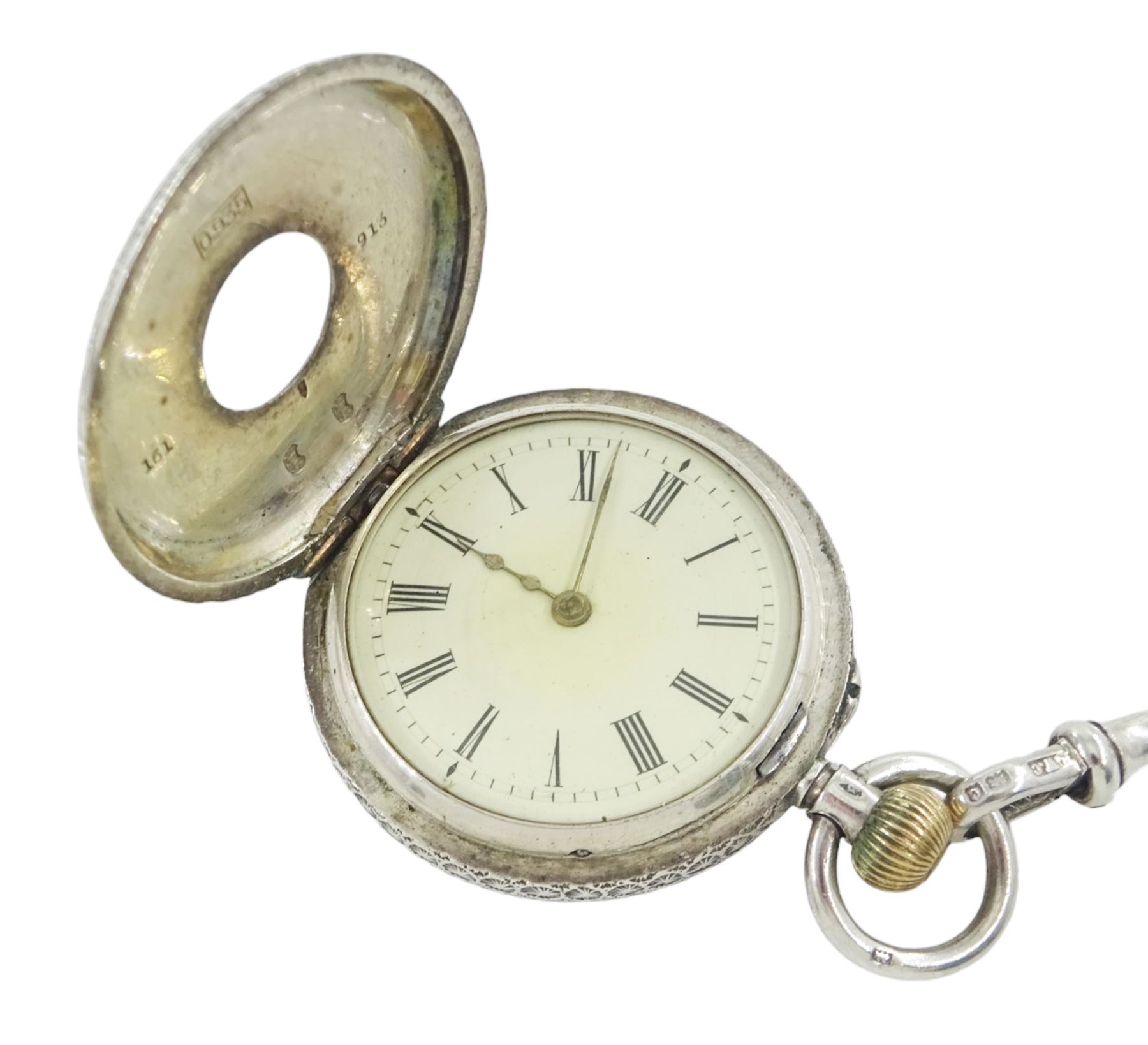 Victorian silver open face lever pocket watch by A Mears & Co, Camden Town, case by English Watch Company, Birmingham 1893, two smaller fob watches, all on Victorian and later silver watch chains