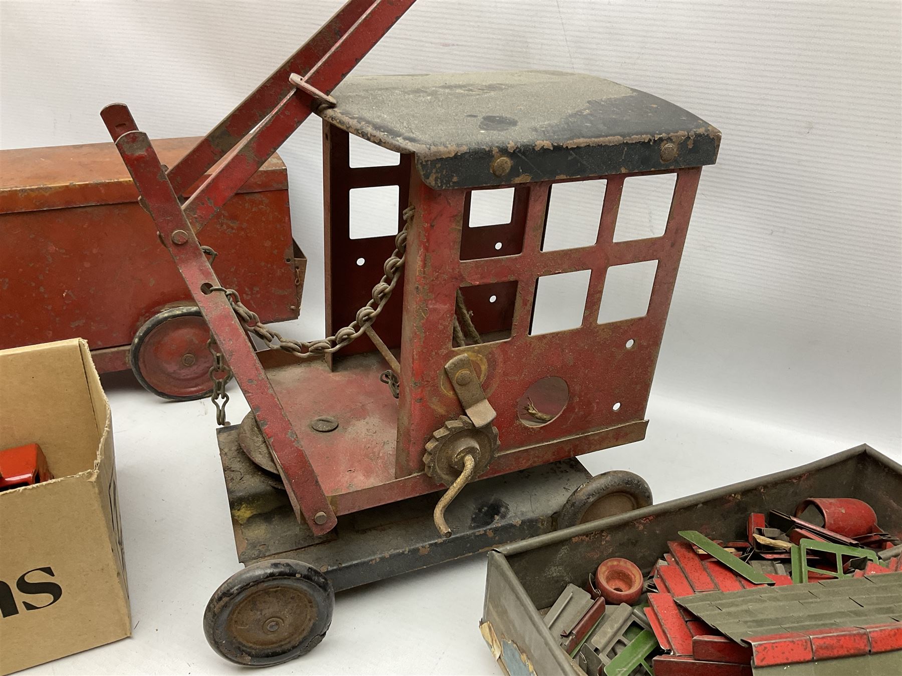 Hornby Racer 3 speedboat L45cm; pre-war Tri-ang sheet steel lorry and mobile crane; quantity of lead soldiers by Johillco etc; Tri-ang Minic clockwork Royal Mail Van; and part set of tin-plate construction pieces; all unboxed