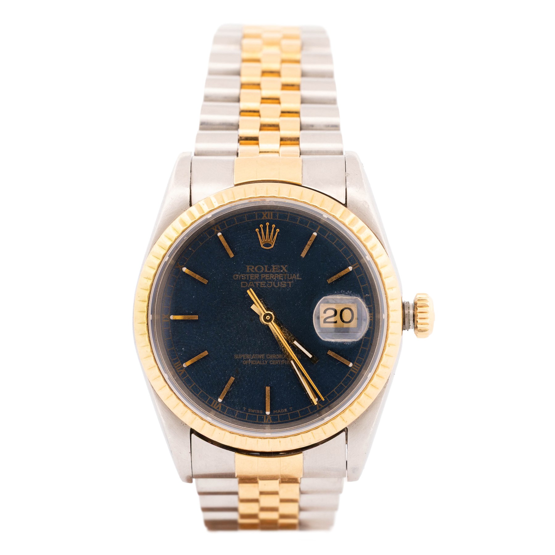 Rolex Oyster Perpetual Datejust gentleman's stainless steel and gold automatic wristwatch, circa 1991, Ref. 16233, serial No. X621666, blue dial with baton hour markers, on Rolex Jubilee stainless steel and gold bracelet, with fold-over clasp, boxed with papers
