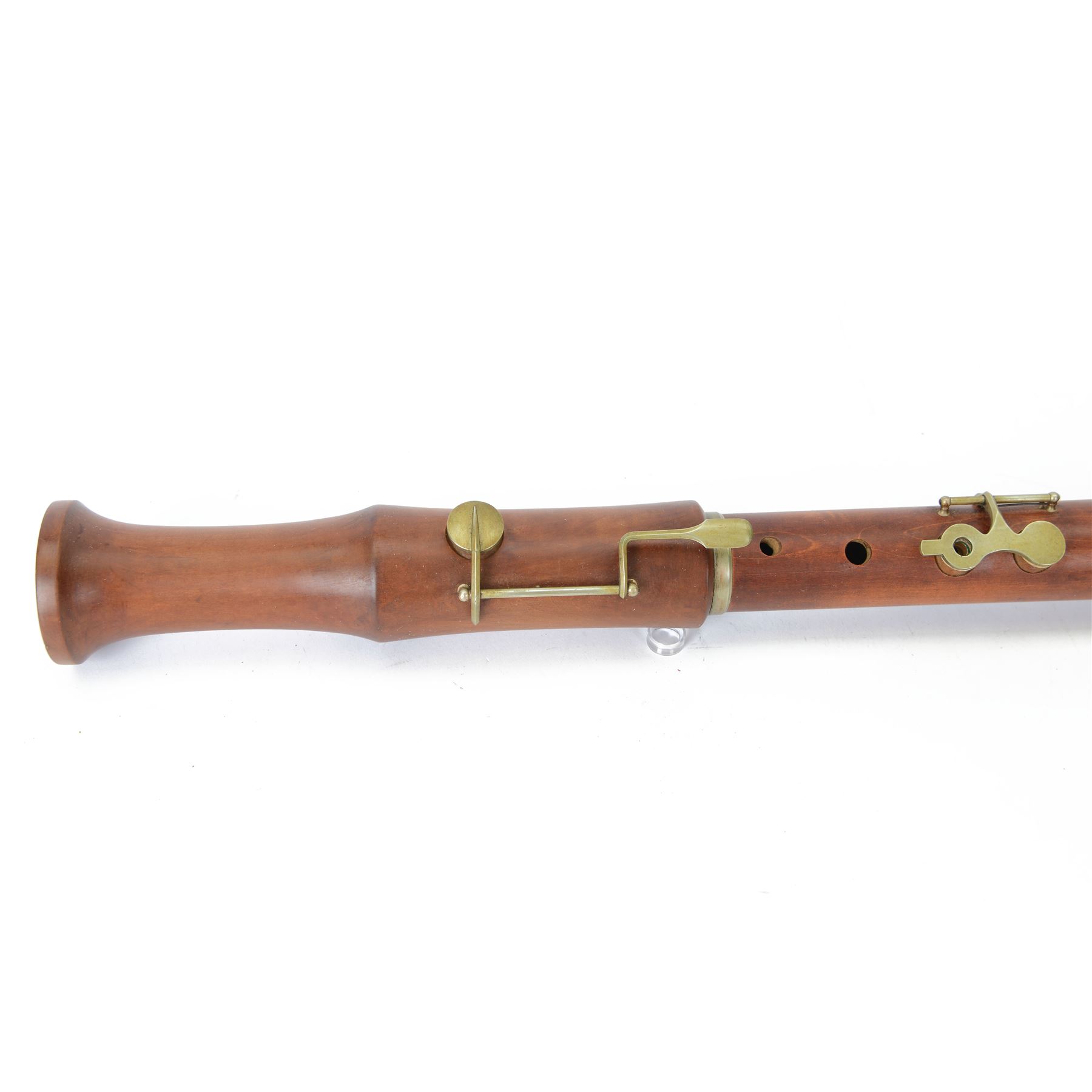 Replica Renaissance Bass recorder in Pearwood, authentic duct blown period instrument with two keys, possibly German.