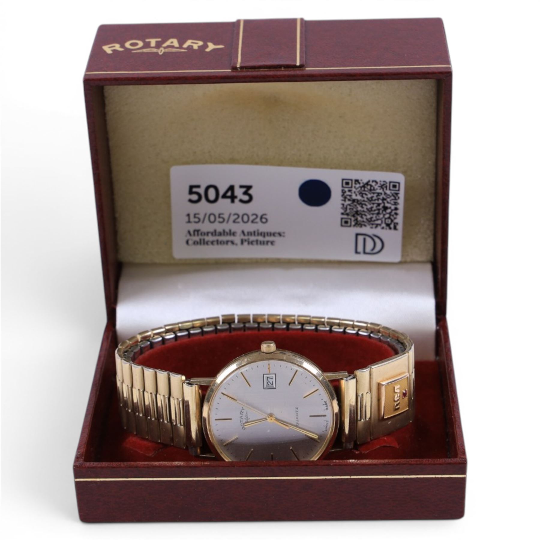 9ct gold cased gentlemans Rotary quartz wristwatch, with presentation engraving verso, on gilt strap, boxed