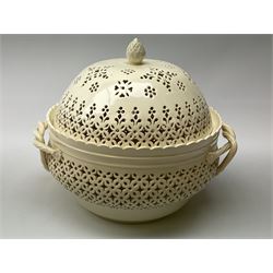 Large 20th century Leeds pottery basket and cover, of bulbous form with pierced detail and twin rope handle, with impressed mark beneath, H23cm D25cm