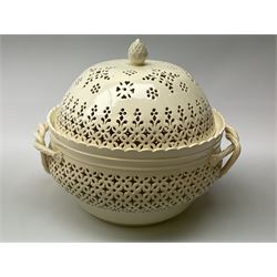 Large 20th century Leeds pottery basket and cover, of bulbous form with pierced detail and twin rope handle, with impressed mark beneath, H23cm D25cm