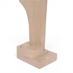 Abrstact stone sculpture, of geometric shapes with a central circular gap, raised upon a stepped rectangular base, H36cm