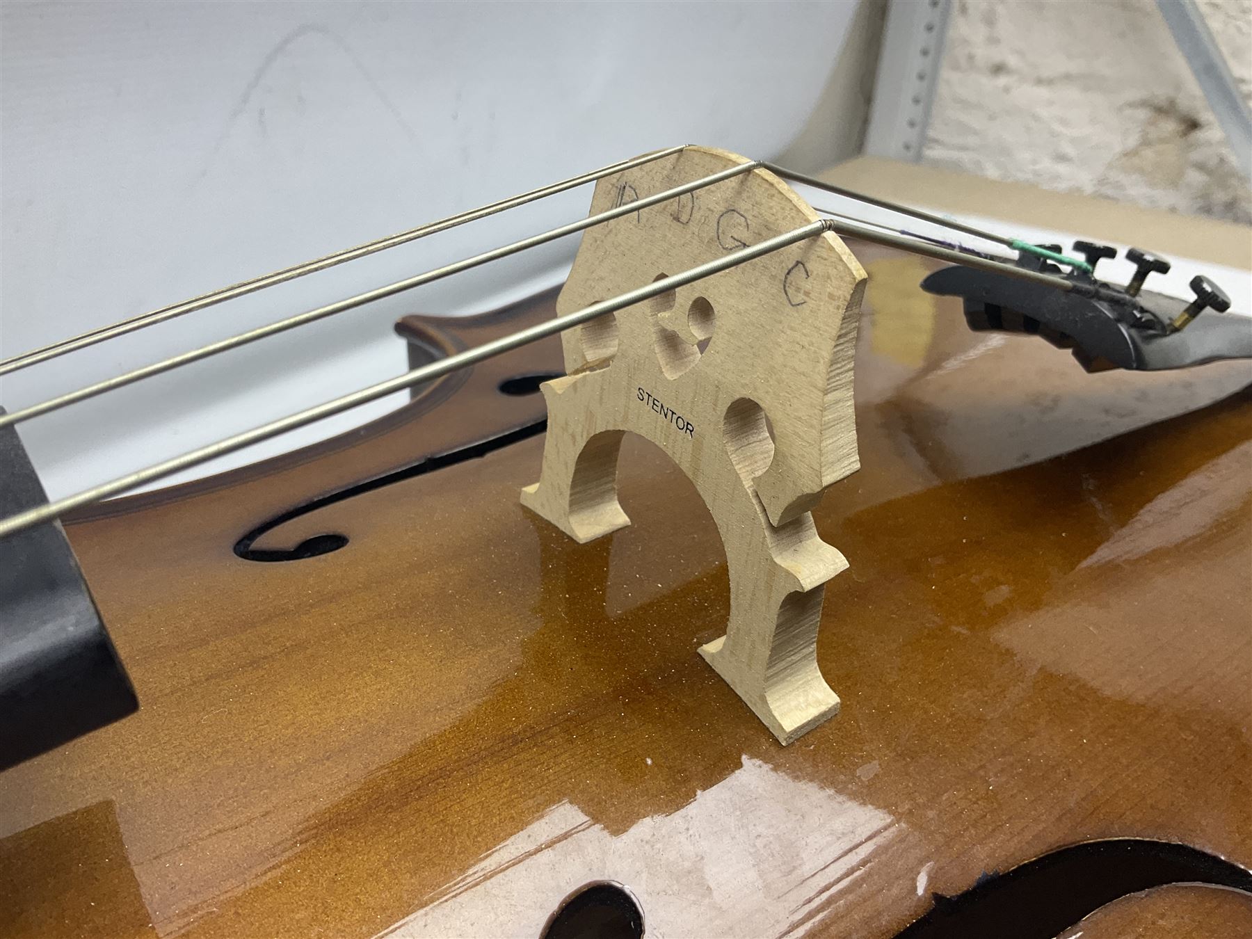 Stentor Student I quarter-size cello with 59.5cm two-piece maple back and ribs and spruce top; bears maker's label with serial no.M076096 L95.5cm overall; in Stentor soft carrying case with bow